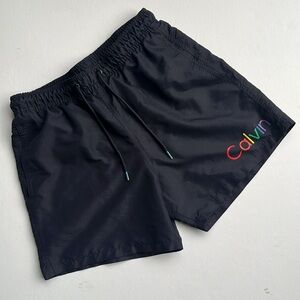 Calvin Klein 🌈 Pride Rainbow Logo Swim Trunks Sz S Black 5 1/2 Inch